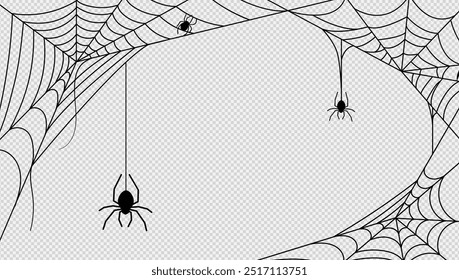 Spooky halloween background with spider web or torn cobweb and black spider silhouette pattern for horror night banner decoration. Zombie or evil night party and scary holiday celebration retro poster