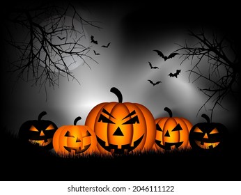 spooky halloween background with-pumpkins bats