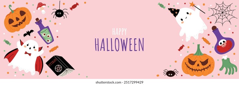 Spooky Halloween banner with cute ghosts, pumpkins, and magic potions. October holiday decor, Trick or Treat greeting cards, or party invitations. Flat style vector isolated on pink background.