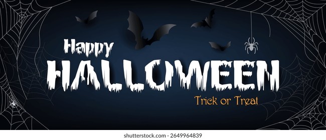Spooky Halloween banner with flying bats, spider webs, and scary text. Perfect for Halloween party invitations or festive decorations.