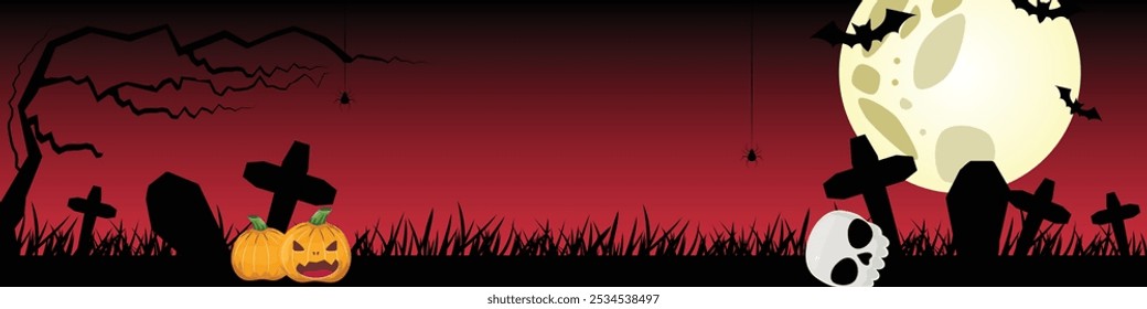 Spooky Halloween banner with graveyard, carved pumpkin, skull on red background with a moon and flying bats, hanging spiders. Night scene
