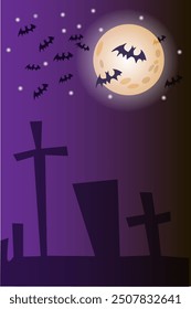 spooky halloween banner, horror moon  scary bads, dark night, stars,cemetery crosses cilhuuette