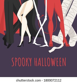 Spooky Halloween banner or party invitation with people wearing monsters costumes. Vector flat cartoon illustration