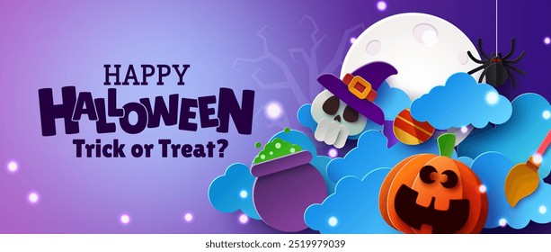 Spooky Halloween banner with pumpkins, witches' hats, and a cauldron. Vector Illustration.
