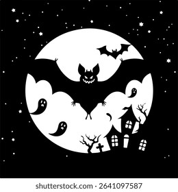 Spooky Halloween Bat and Haunted House Silhouette	
