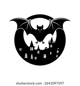 Spooky Halloween Bat and Haunted House Silhouette	

