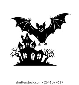 Spooky Halloween Bat and Haunted House Silhouette	
