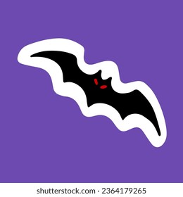 Spooky Halloween bat sticker. Scared shadow, silhouette with red eyes, night Helloween animal, mystical decor for party, magical element, print, icon. Flat isolated vector illustration on white