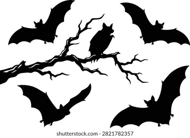 Spooky halloween bats flying around a bare tree branch in a dark artistic silhouette