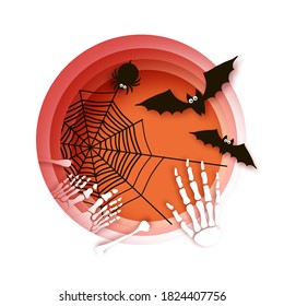 Spooky Halloween bats and spider. Happy Halloween. Skeleton. Bones. Mystical night. Circle frame. Space for text. Paper craft art. Vector.