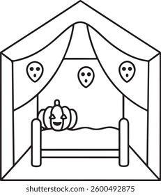 Spooky Halloween Bed Coloring Page – Cute Haunted Bedroom with Ghosts and Pumpkin – Fun and Easy Printable for Kids and Adults – Festive Holiday Art
