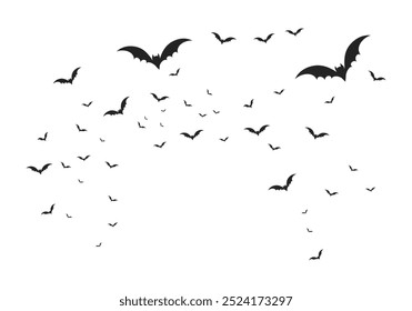 Pájaros de Halloween espeluznantes aislados en el fondo blanco. Las siluetas de Halloween de los murciélagos voladores acuden en masa. Murciélagos de Halloween. Ilustración vectorial de stock.