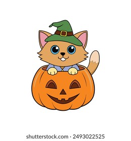 Spooky Halloween Black Cat in Pumpkin with Ghost Vector Illustration.