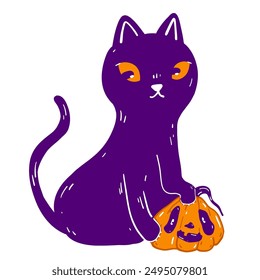 Spooky Halloween Black Cat with Pumpkin