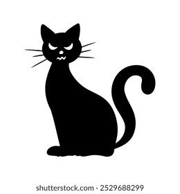 Spooky Halloween black cat silhouette illustration. Graphic monochrome drawing. Hand drawn witch cat outline illustration. For invitation, decoration, banner, poster, print.