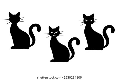 Spooky Halloween black cat silhouette illustrations set. Graphic monochrome drawing. Hand drawn witch cat outline illustration. For invitation, decoration, banner, poster, print.