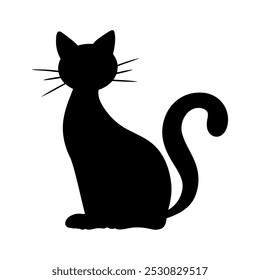 Spooky Halloween black cat silhouette illustration. Graphic monochrome drawing. Hand drawn witch cat outline illustration. For invitation, decoration, banner, poster, print.