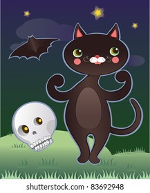 Spooky halloween black cat and skull and bat on a lawn midnight background