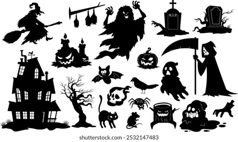 Gespenstische Halloween Schwarze Silhouetten. handgezeichneter Vektorkollektionssatz einzeln auf transparentem Hintergrund