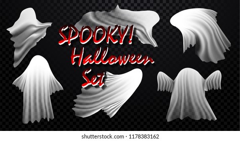 Spooky Halloween Boo Ghosts Set. Can be used on Banners flyers or web. Horror Halloween White Phantom Ghosts isolated on transparent background. Vector illustration. EPS 10.