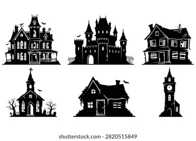 spooky halloween building silhouette bundle featuring haunted houses creepy castles abandoned churches and gothic clock towers perfectly suited for dark commercial graphic artwork and eerie seasonal digital design illustration projects