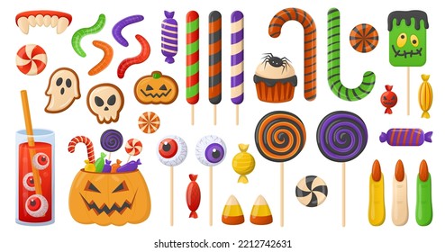 Spooky Halloween candies vector illustrations set. Collection of cartoon drawings of Halloween drink and sweet treats in shape of eye, finger, ghost on white background. Halloween, sweet food concept