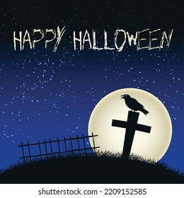 Spooky Halloween card with crow and full Moon