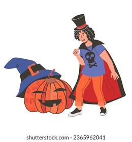 Spooky Halloween card with a fun character of Jack-o-lantern and boy in Dracula costume, vector illustration isolated on white background.