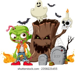 A spooky Halloween cartoon illustration featuring a zombie and ghost