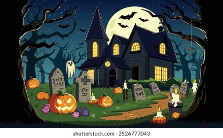 Spooky Halloween Cartoon Scene with Pumpkins Bats Tombstones Trees Candles Flowers and Old House