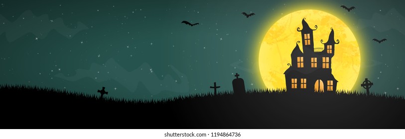 spooky halloween castle with grave stones in front of an yellow full moon with bats