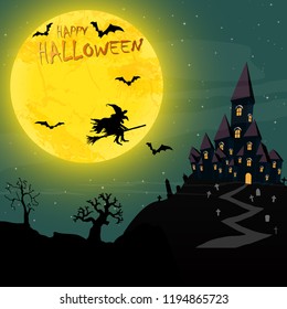 spooky halloween castle with grave stones and a witch in front of an yellow full moon with bats