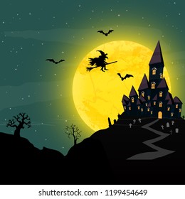 spooky halloween castle with grave stones and a witch in front of an yellow full moon with bats