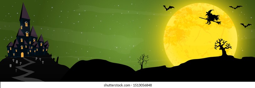 spooky halloween castle with grave stones and a witch in front of an yellow full moon with bats