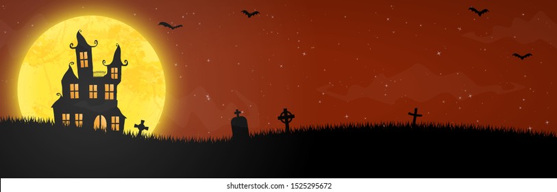 spooky halloween castle with grave stones in front of an yellow full moon with bats