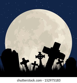 Spooky Halloween cemetery with graveyard and moon