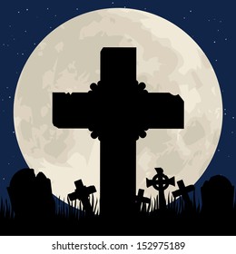 Spooky Halloween cemetery with graveyard and moon