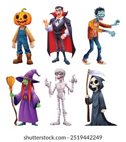 Spooky Halloween character set featuring pumpkin head scarecrow, vampire, zombie, witch, mummy, and grim reaper. Vector cartoon illustration