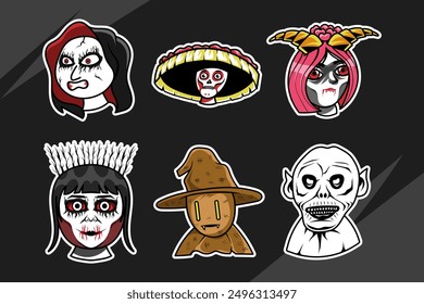 Pegatinas de personajes de Halloween espeluznantes: un conjunto de seis pegatinas únicas y vibrantes con diferentes personajes espeluznantes de Halloween. Estas pegatinas son perfectas para añadir un toque de miedo y diversión a su