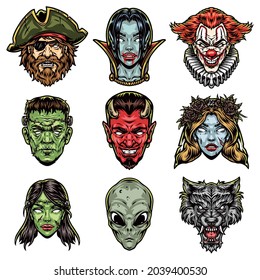 Spooky Halloween characters colorful set with pirate male and female zombies vampire girl devil clown dead bride alien werewolf heads in vintage style isolated vector illustration