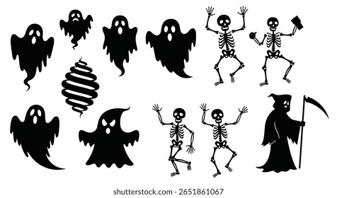 Personagens de Halloween assustador Fantasmas esqueletos e Ceifador Grim com Scythe Silhouette Coleção