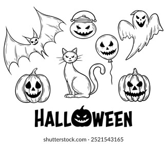 Espeluznantes ilustraciones de personajes de Halloween establecen estilo de arte de línea. Colección gráfica de dibujo monocromo. Dibujado a mano boceto de contorno, ilustración de doodle grabado. Para colorear libro, invitación, decoración