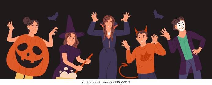 Personajes espeluznantes de Halloween. Personas con disfraces de disfraces de disfraces de Halloween Ilustración vectorial plana. Afiche de fiesta de carnaval de truco o trato aterrador