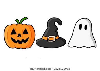 Spooky Halloween characters vector set design, jack-o’-lantern, witch’s hat, and a ghost. Vector illustration party costume character collection.