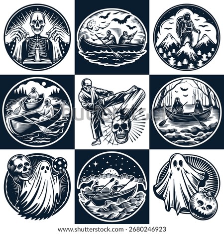 Spooky halloween circular designs featuring skeletons ghosts and ghoulish nighttime scenes