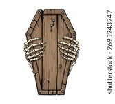 Spooky halloween coffin door with skeleton hands emerging for spooky event vector