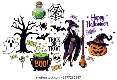 Spooky Halloween collection featuring everything from a witch and her potions to a pumpkin, a ghost and a creepy spider