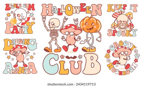 Spooky Halloween collection. Funny t shirt prints, badges, stickers with hippy mascots and phrases. Funky pumpkin, cute mushroom and cool skeleton. Isolated vector design. Retro hippy vibe.