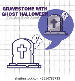 Spooky Halloween coloring book asset featuring a gravestone with playful ghosts. Ideal for festive decorations and children's projects