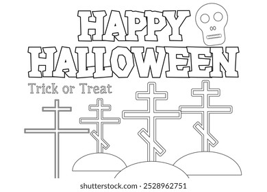 Espeluznante página para colorear de Halloween con un cementerio con cruces, una calavera y texto de Feliz Halloween. Perfecto para que los niños coloreen.